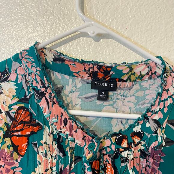 Torrid Green Floral Stretch Challis Pintuck Tiered Midi Dress Plus Size 3 3X - Picture 4 of 11